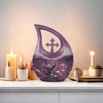 10-inch Pink Peacock Urn with Cross Drop Design,