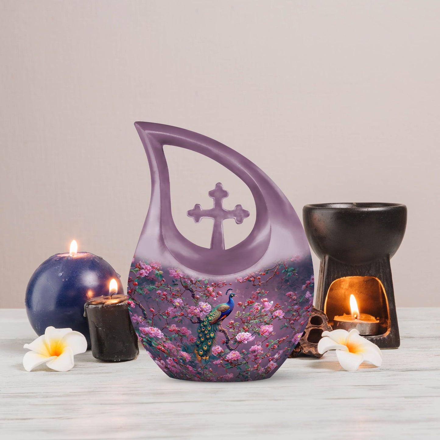 10-inch Pink Peacock Urn with Cross Drop Design,