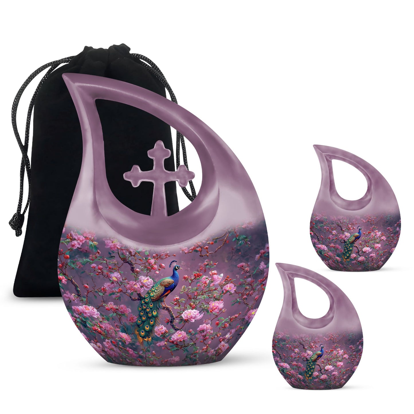 10-inch Pink Peacock Urn with Cross Drop Design,