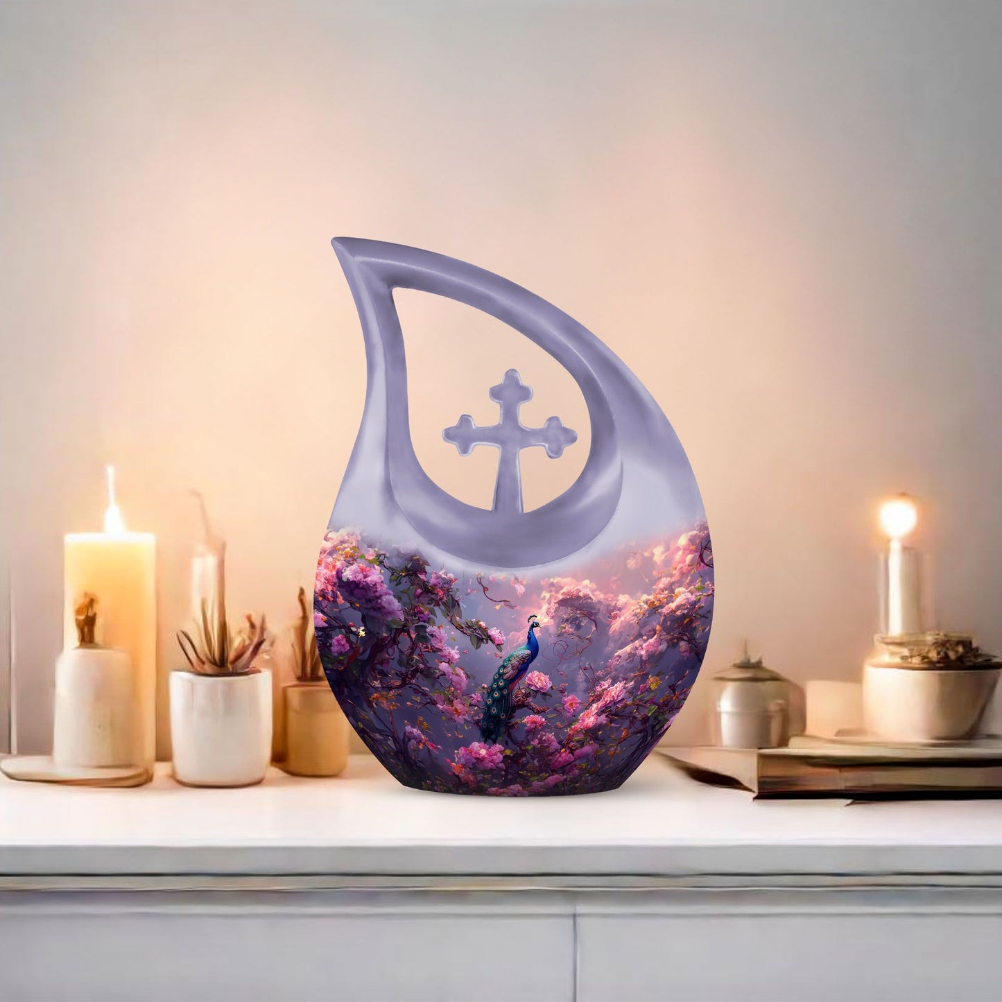 Large 10-inch Peacock themed Cross Drop-design