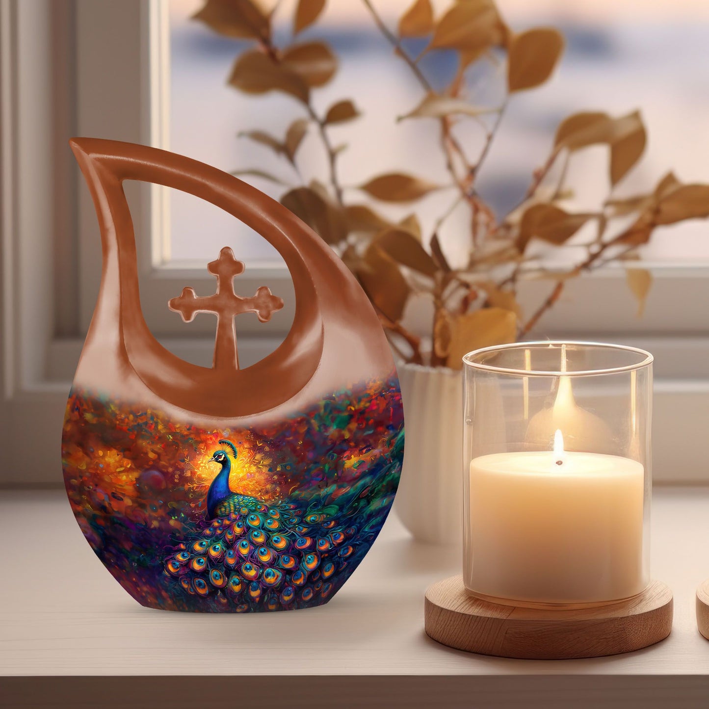 10-inch Large Peacock Urn with Cross Drop design,