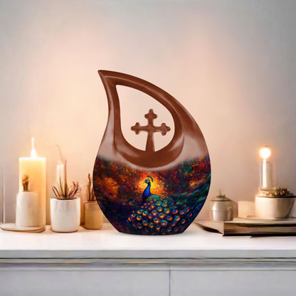 10-inch Large Peacock Urn with Cross Drop design,