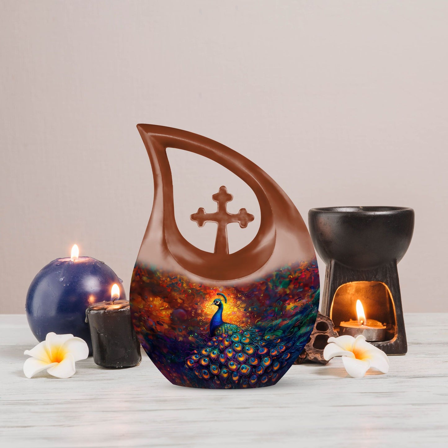 10-inch Large Peacock Urn with Cross Drop design,