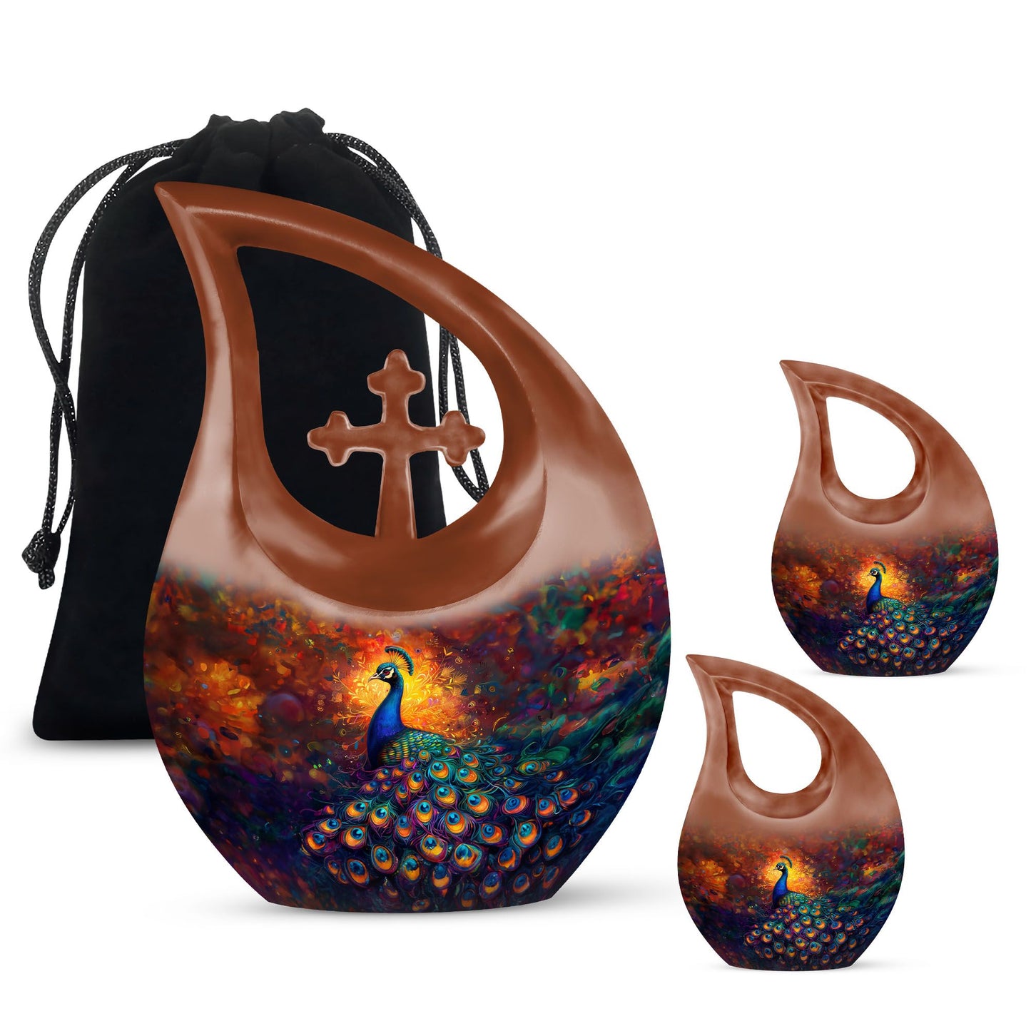 10-inch Large Peacock Urn with Cross Drop design,