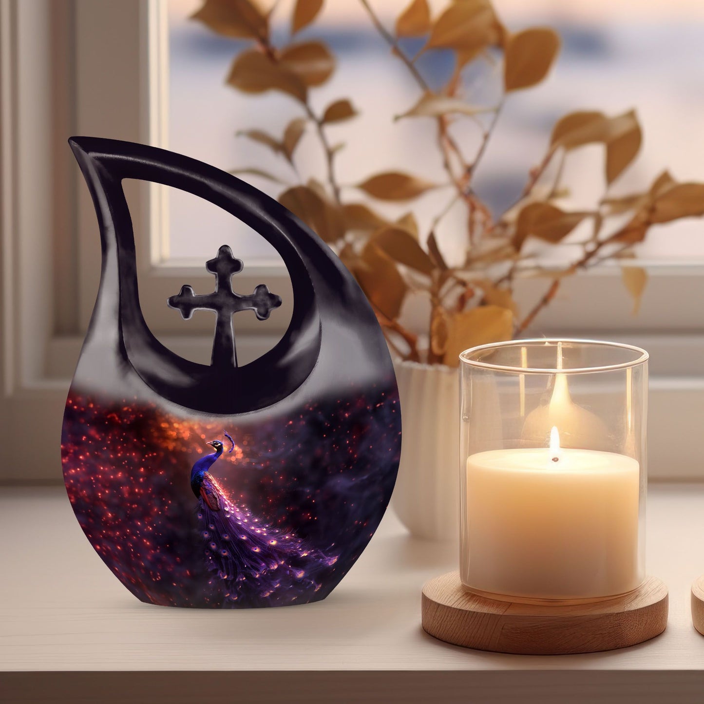10-inch Cross Drop Peacock Urn