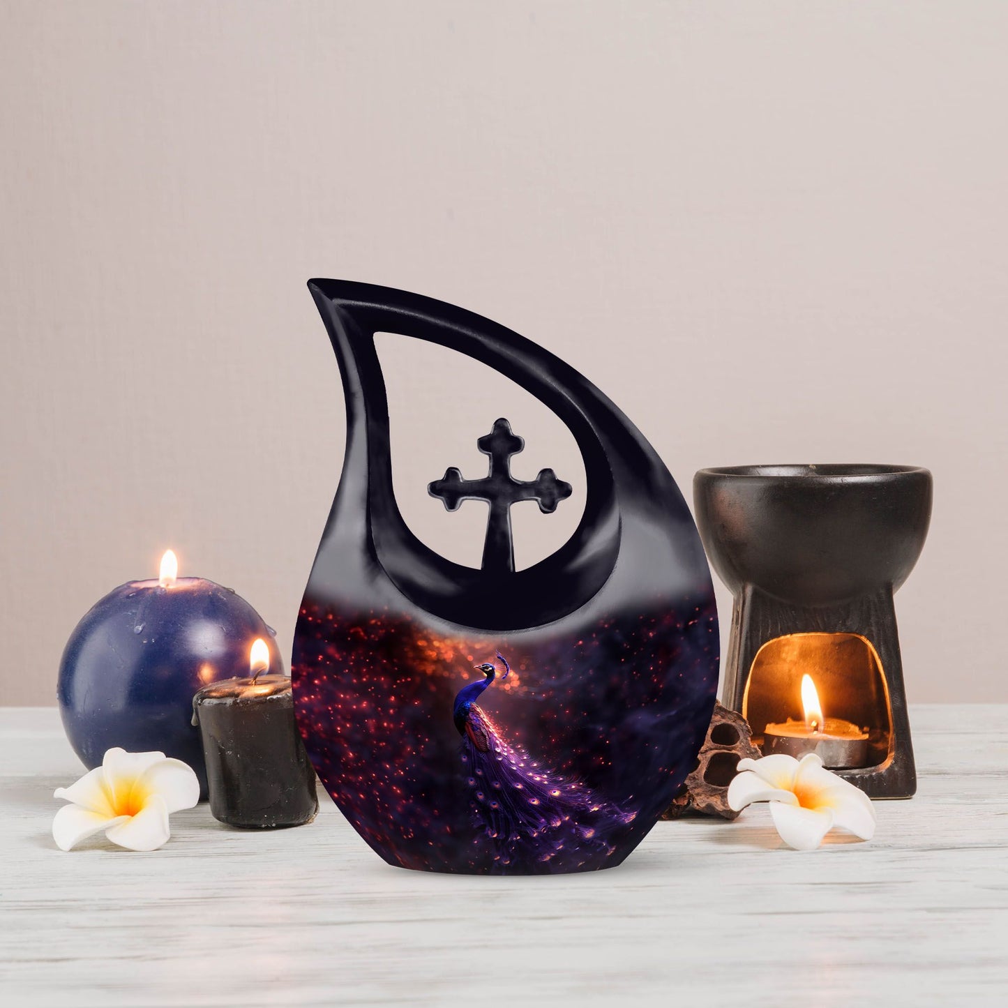 10-inch Cross Drop Peacock Urn