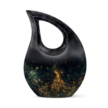 10-inch Peacock themed aluminium urn with Cross Drop design 