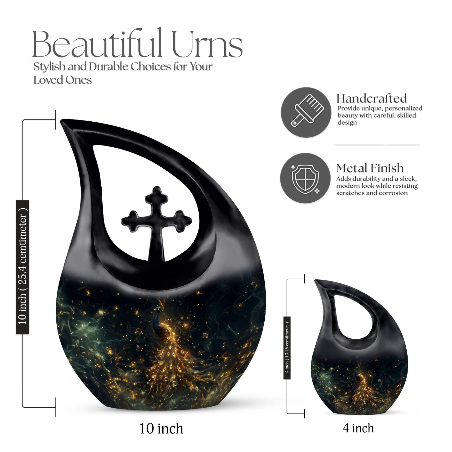 10-inch Peacock themed aluminium urn with Cross Drop design 