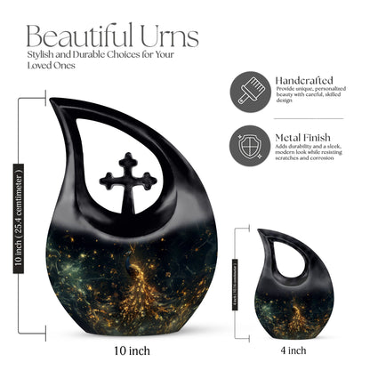 10-inch Peacock themed aluminium urn with Cross Drop design 