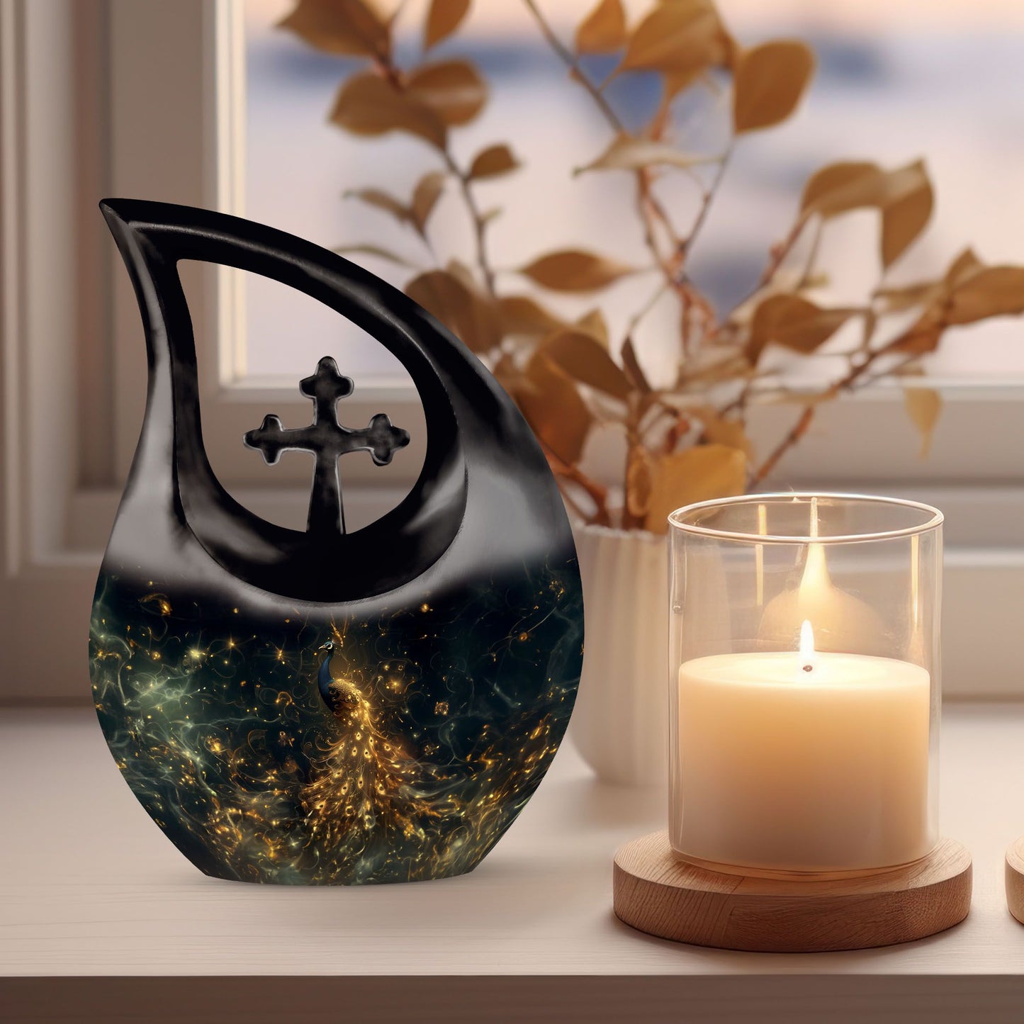 10-inch Peacock themed aluminium urn with Cross Drop design 