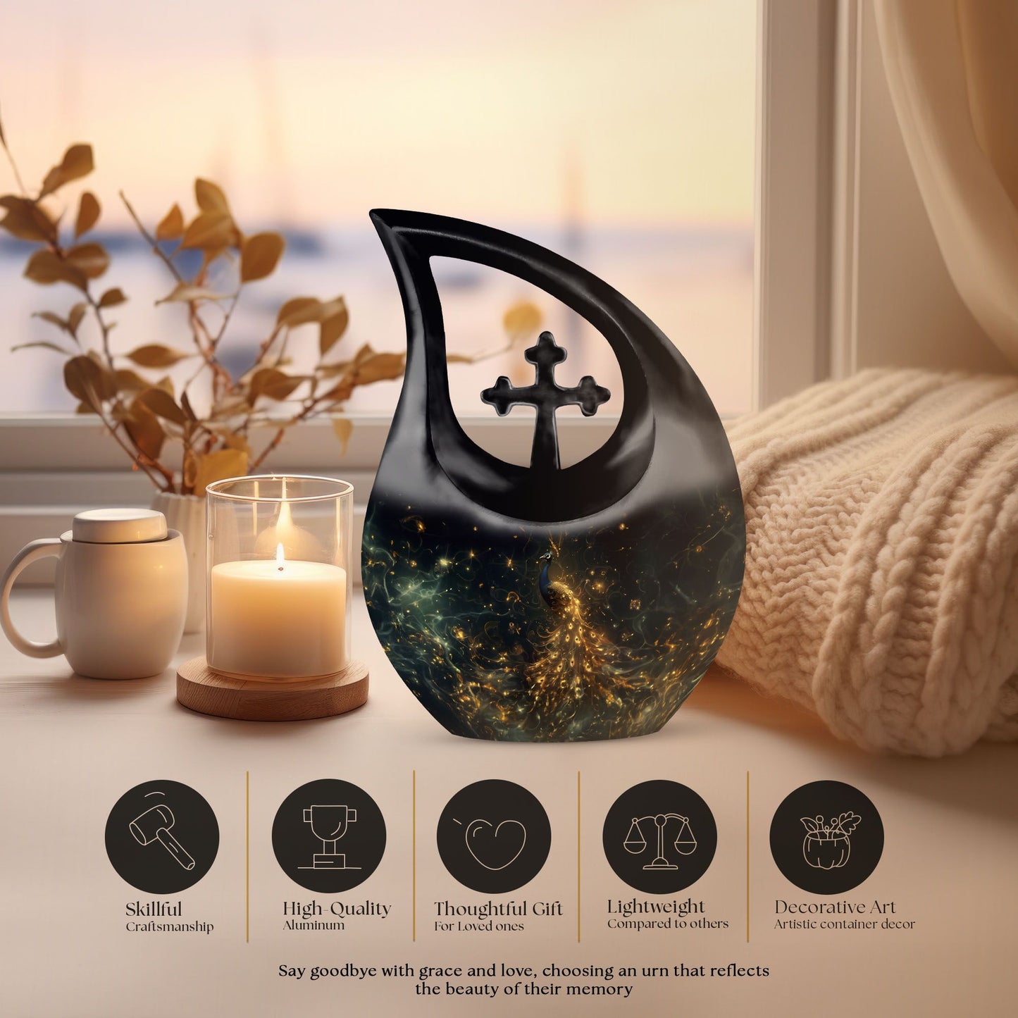 10-inch Peacock themed aluminium urn with Cross Drop design 