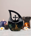 10-inch Peacock themed aluminium urn with Cross Drop design 