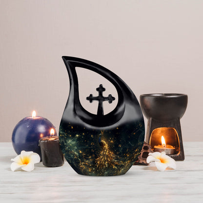 10-inch Peacock themed aluminium urn with Cross Drop design 