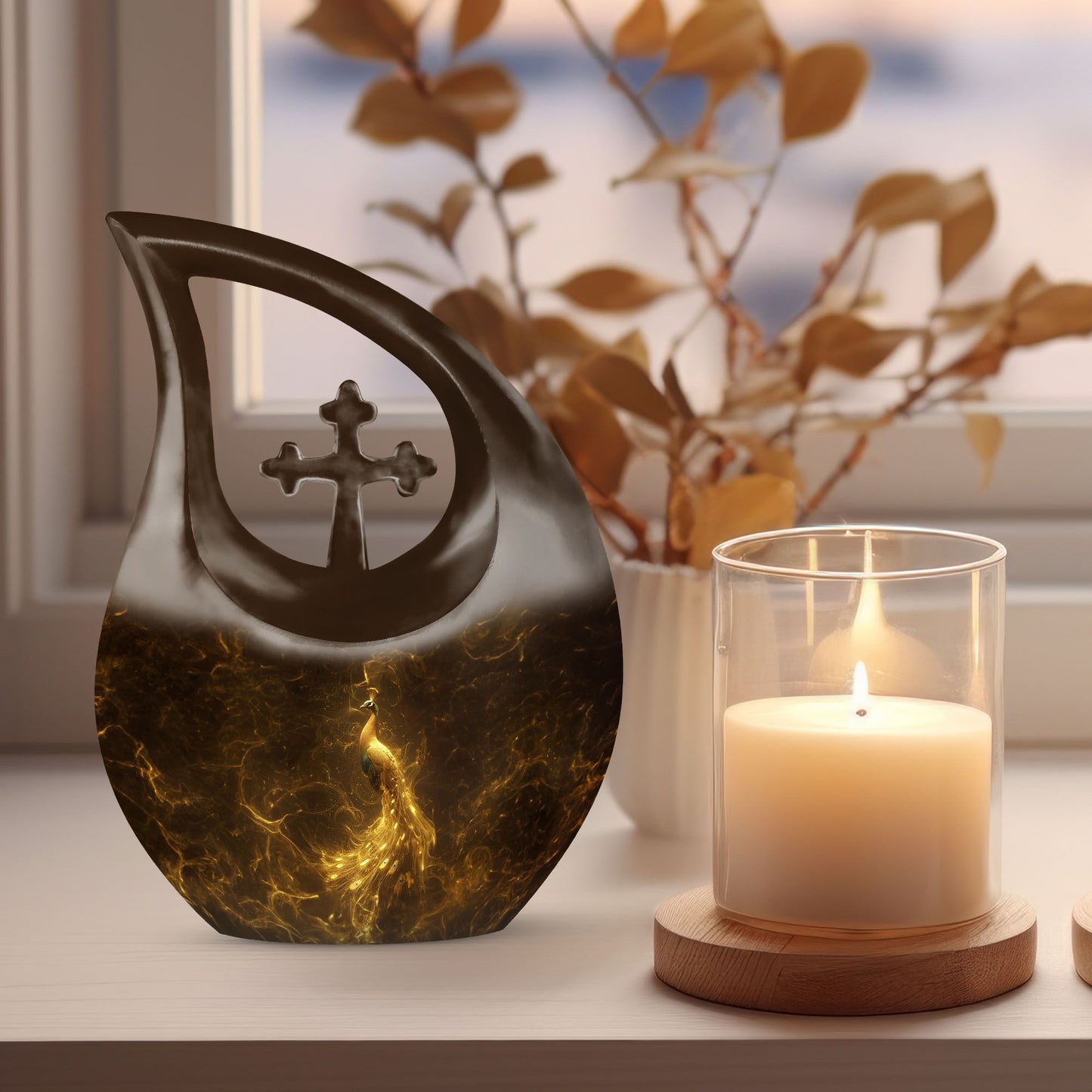 10-inch custom mom peacock urn with cross drop design, 