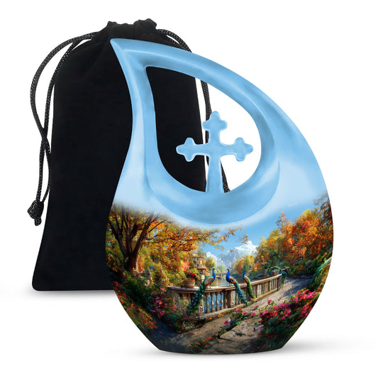 10-inch Aluminium Peacock Urn with Cross Drop design