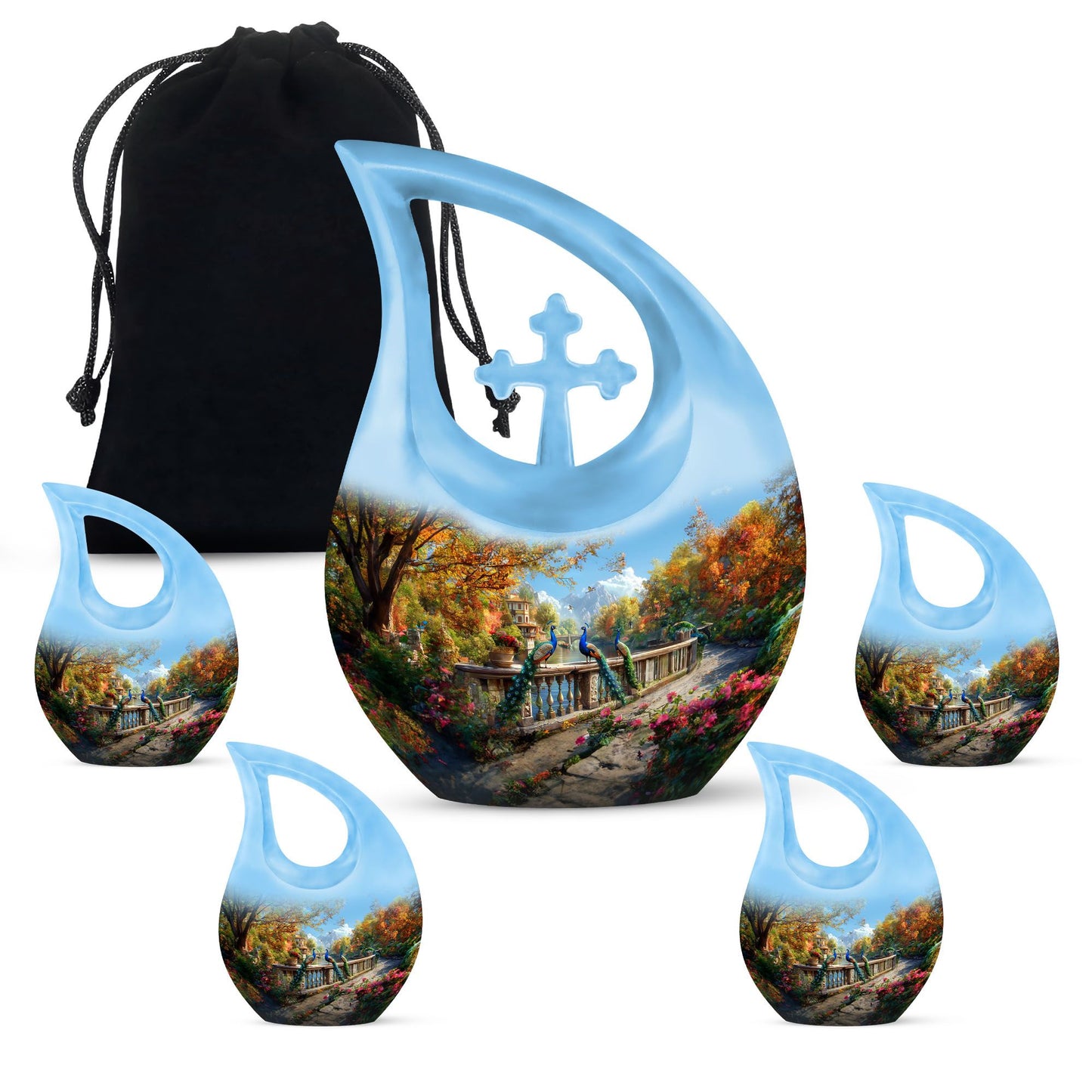 10-inch Aluminium Peacock Urn with Cross Drop design