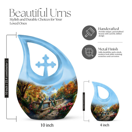 10-inch Aluminium Peacock Urn with Cross Drop design