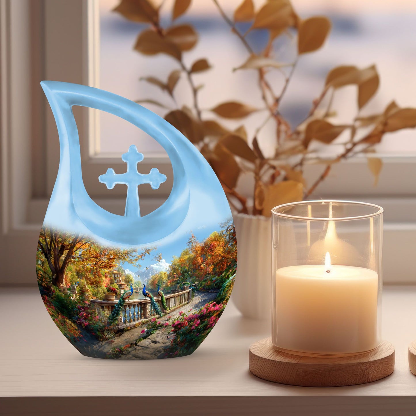 10-inch Aluminium Peacock Urn with Cross Drop design