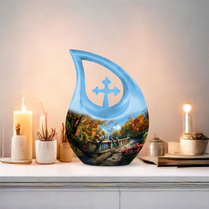10-inch Aluminium Peacock Urn with Cross Drop design