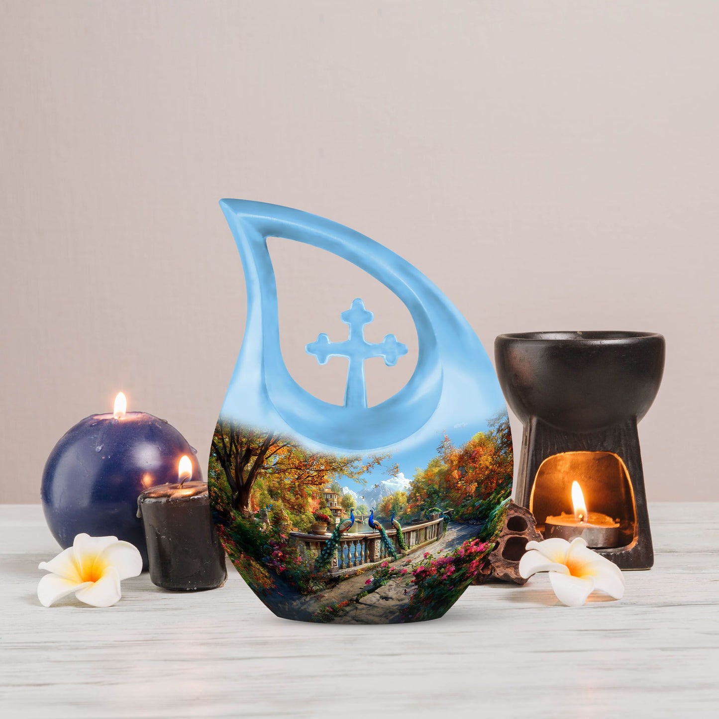 10-inch Aluminium Peacock Urn with Cross Drop design
