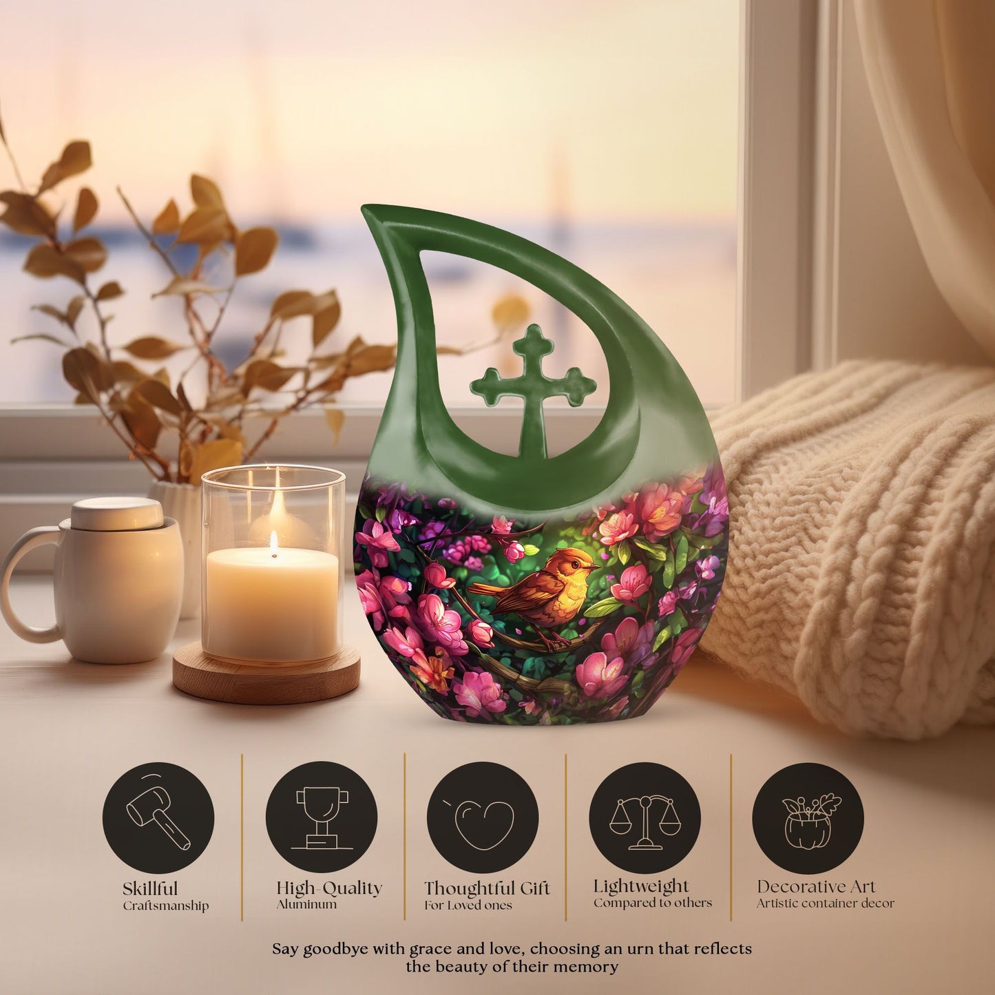 10-Inch Sparrow Urn with Cross Drop Design