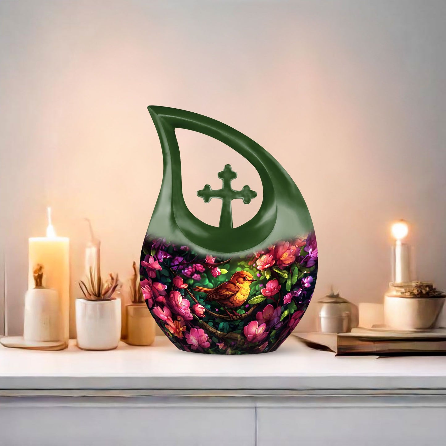 10-Inch Sparrow Urn with Cross Drop Design