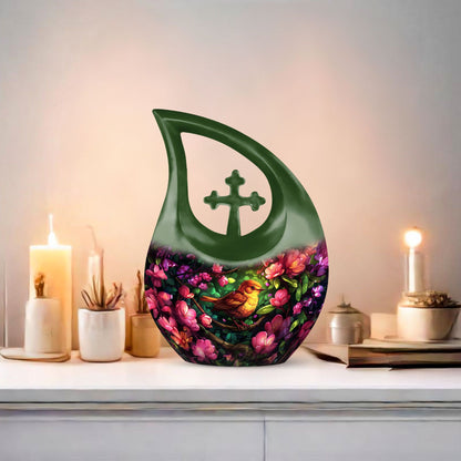 10-Inch Sparrow Urn with Cross Drop Design