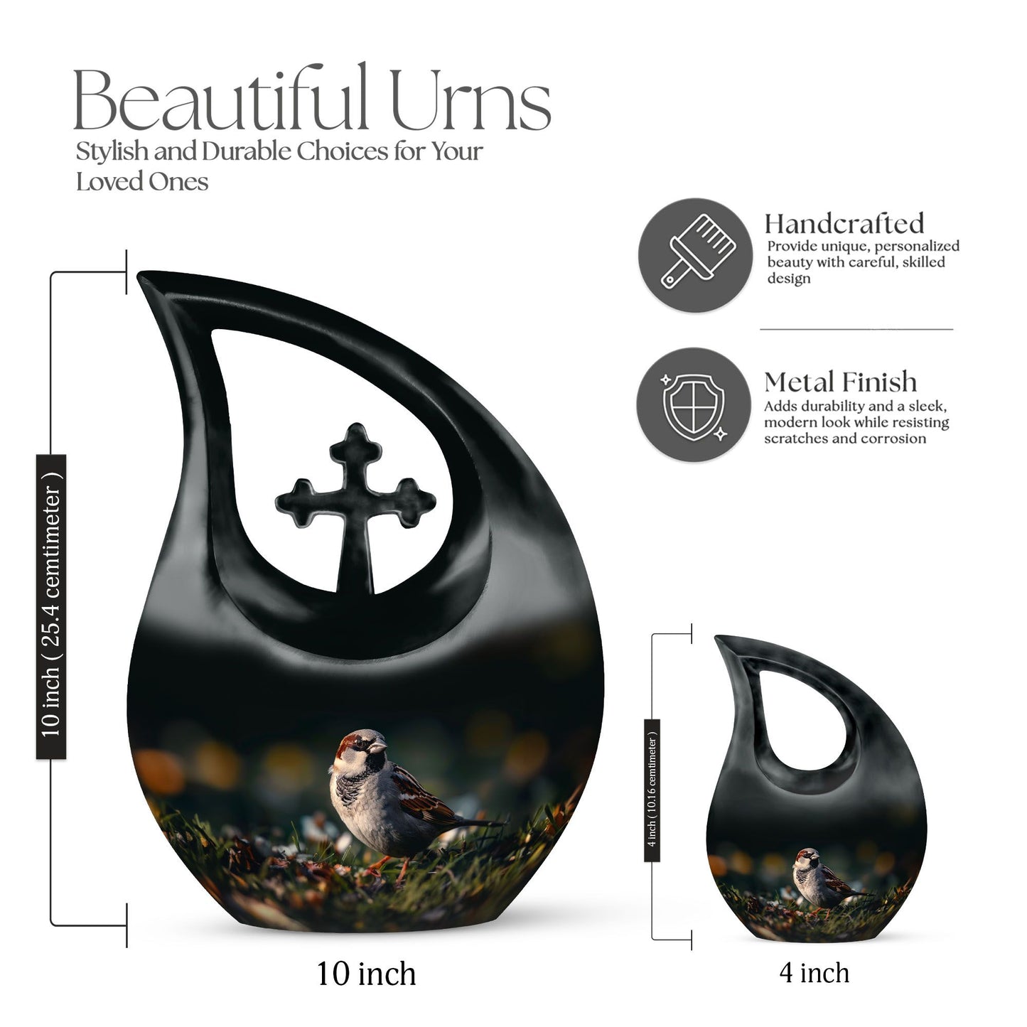 10-inch Sparrow Urn with Cross Drop design, 