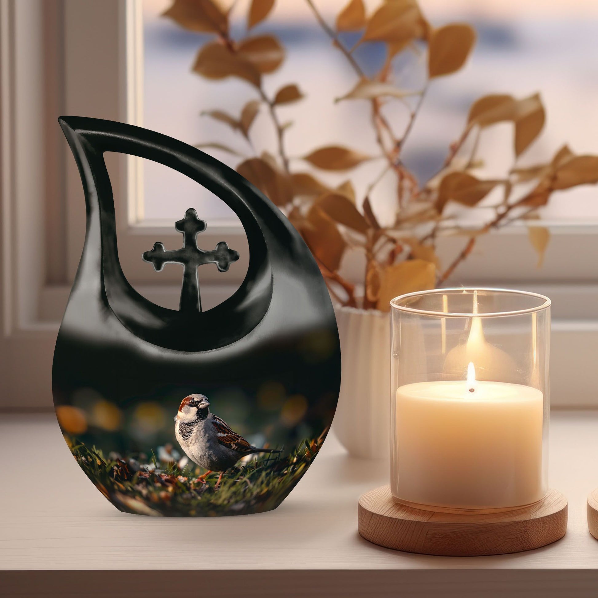 10-inch Sparrow Urn with Cross Drop design, 