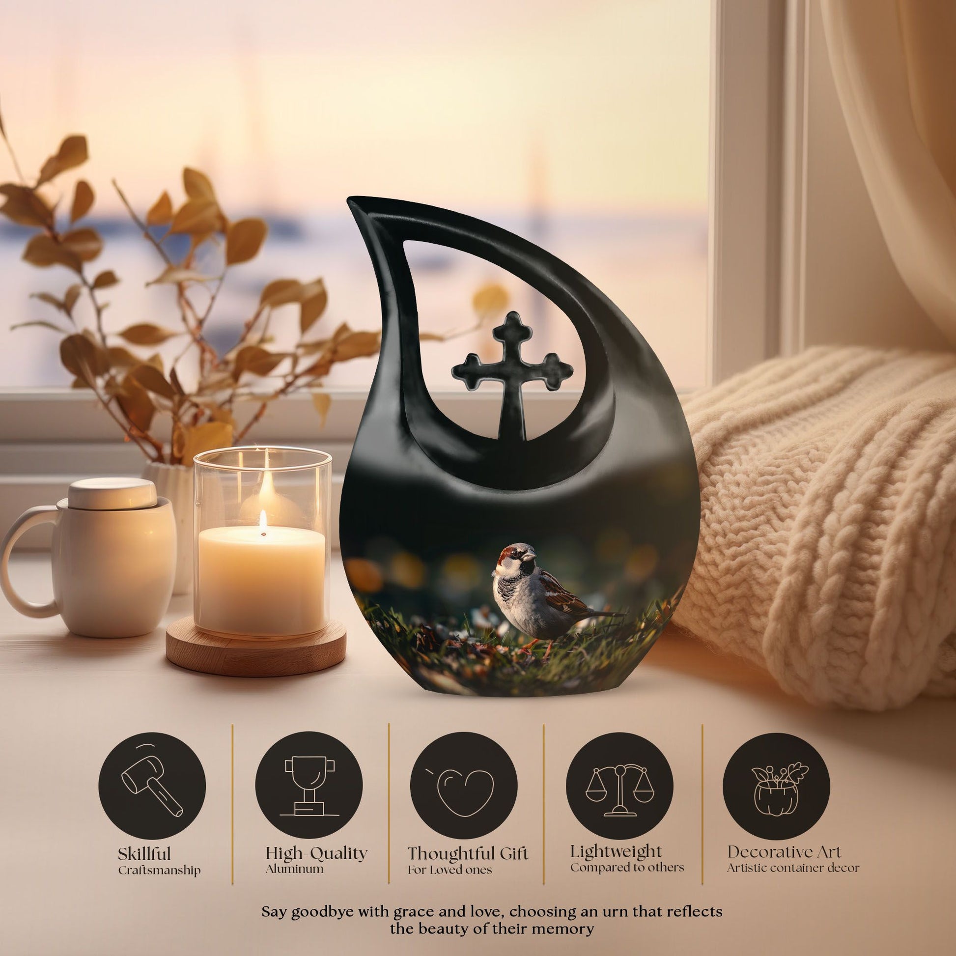 10-inch Sparrow Urn with Cross Drop design, 