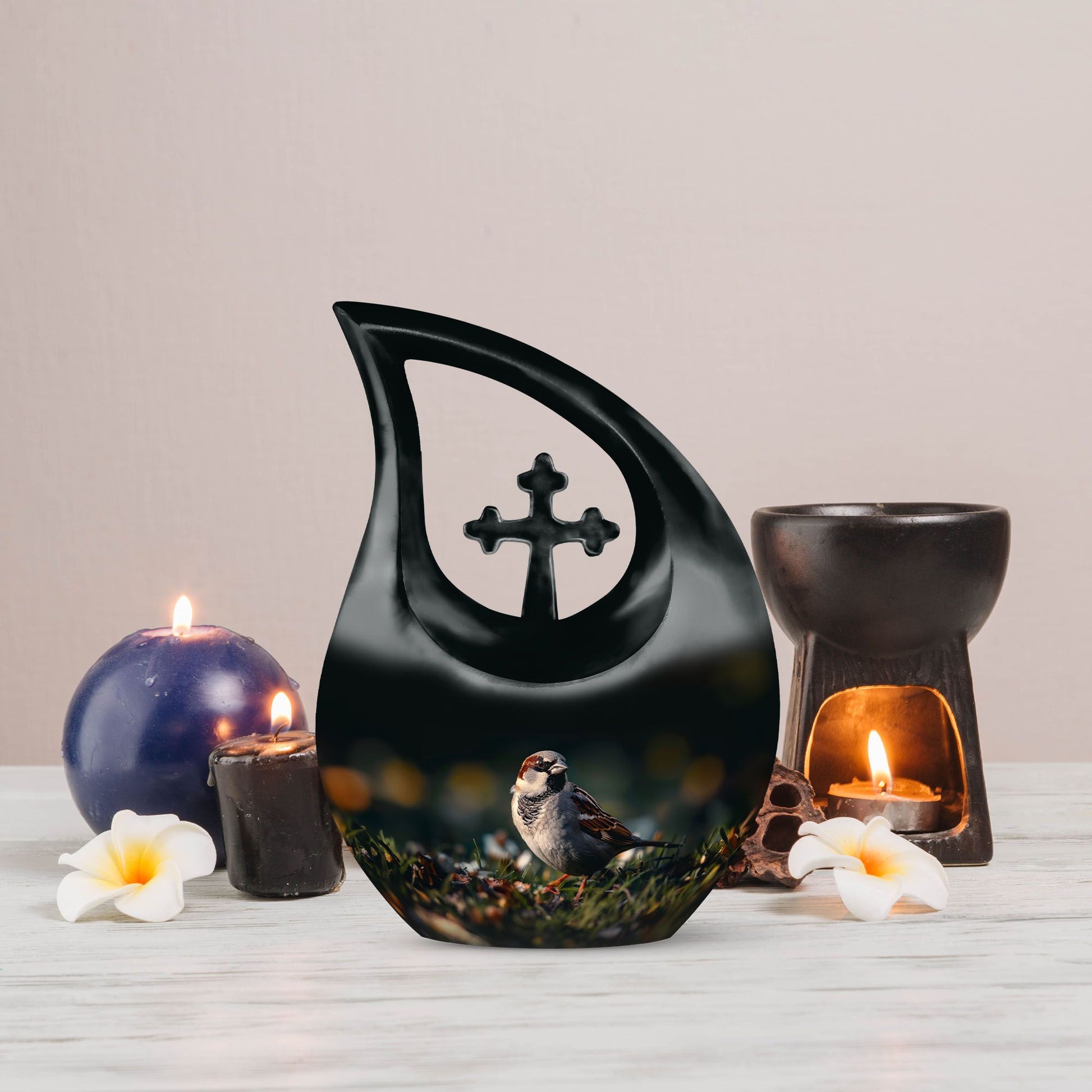 10-inch Sparrow Urn with Cross Drop design, 