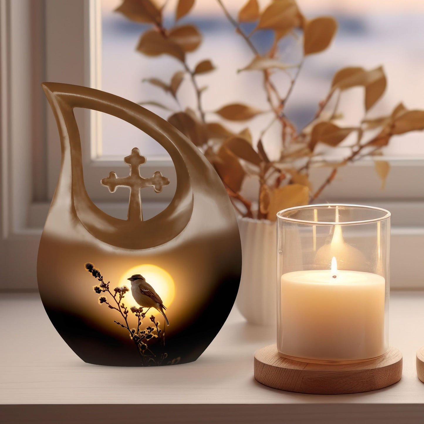 Sparrow themed Cross Drop design large memorial urn, 