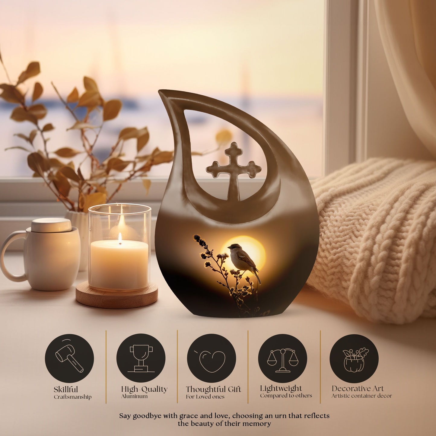 Sparrow themed Cross Drop design large memorial urn, 