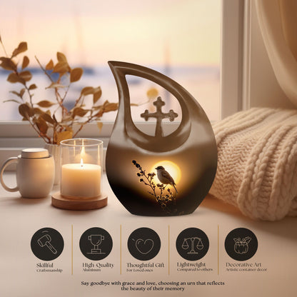 Sparrow themed Cross Drop design large memorial urn, 