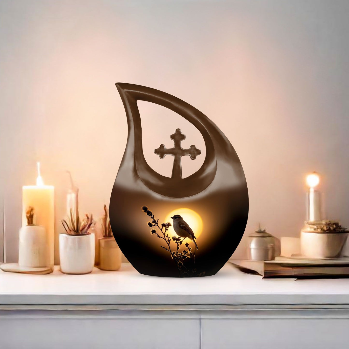 Sparrow themed Cross Drop design large memorial urn, 