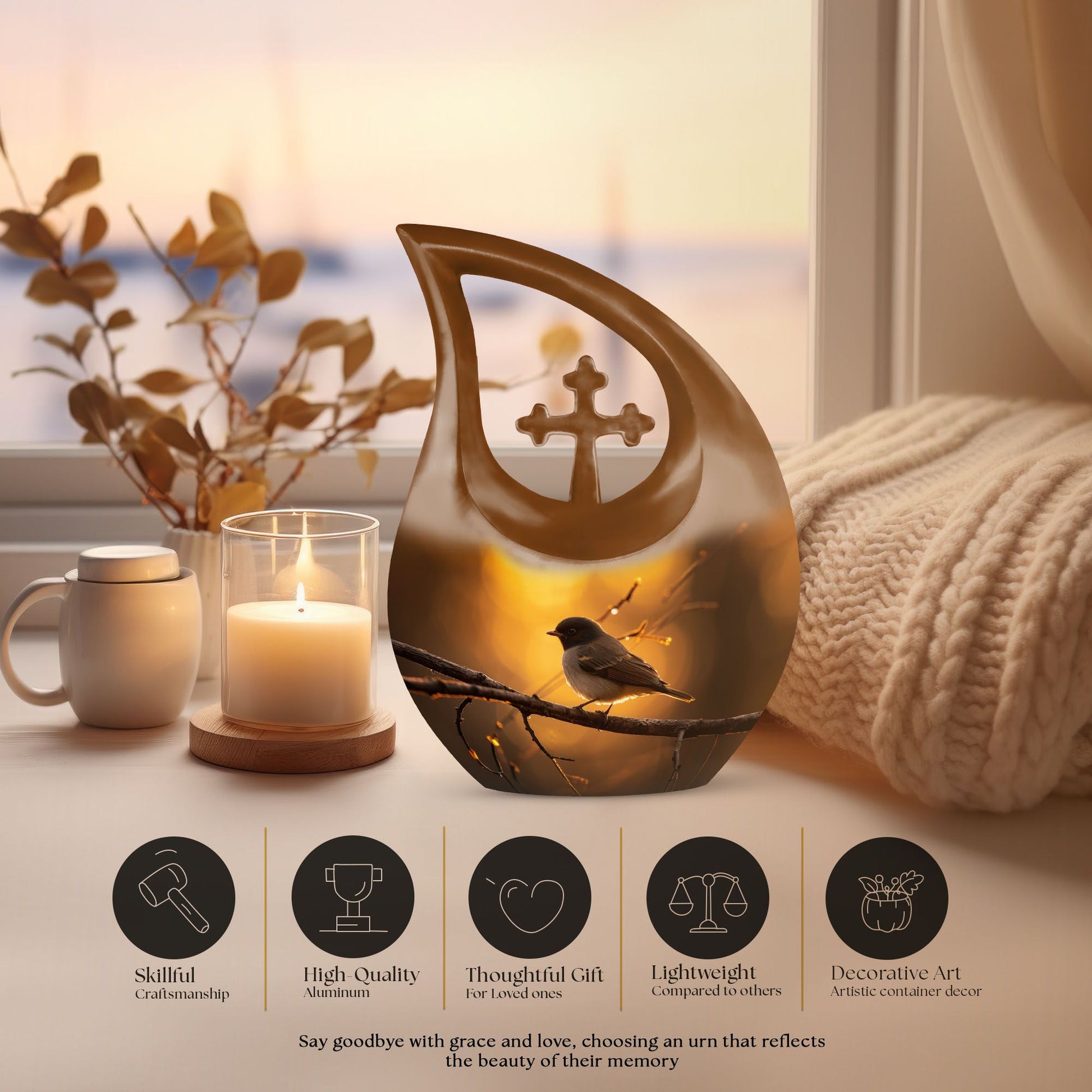 10-inch Sparrow Urn with Cross Drop Design, 