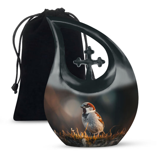 Sparrow-themed Cross Drop Cremation Box, Large Urn