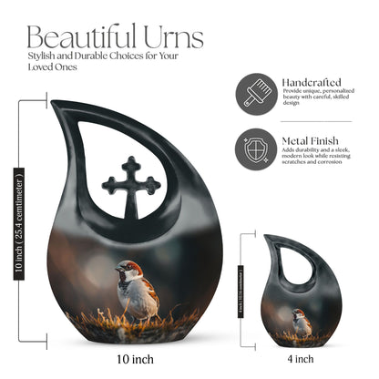 Sparrow-themed Cross Drop Cremation Box, Large Urn