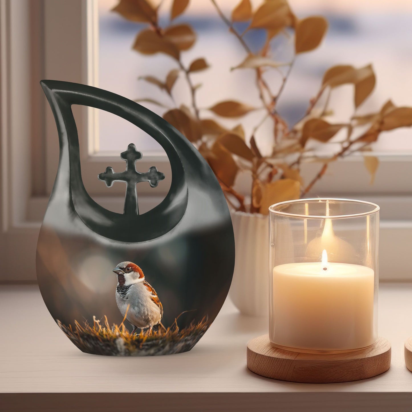 Sparrow-themed Cross Drop Cremation Box, Large Urn