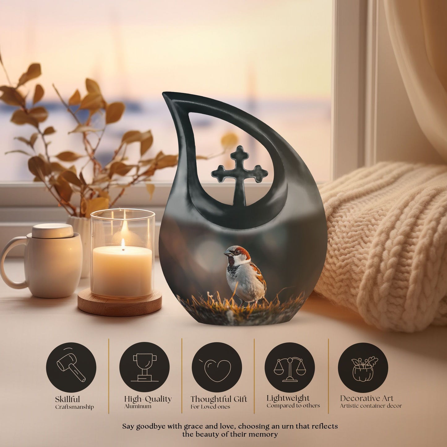 Sparrow-themed Cross Drop Cremation Box, Large Urn