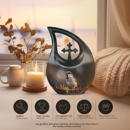 Sparrow-themed Cross Drop Cremation Box, Large Urn