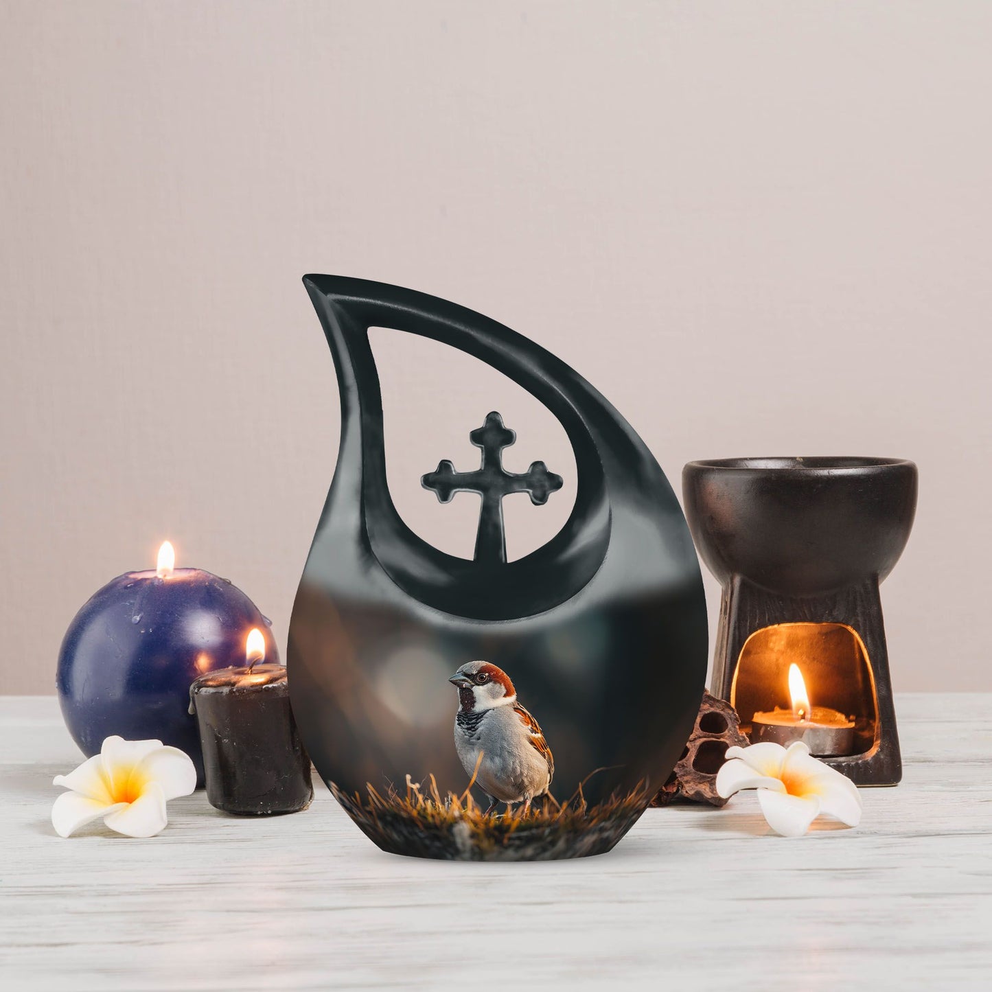 Sparrow-themed Cross Drop Cremation Box, Large Urn