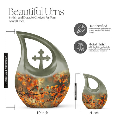10 Inch Sparrow themed Cross Drop urn 