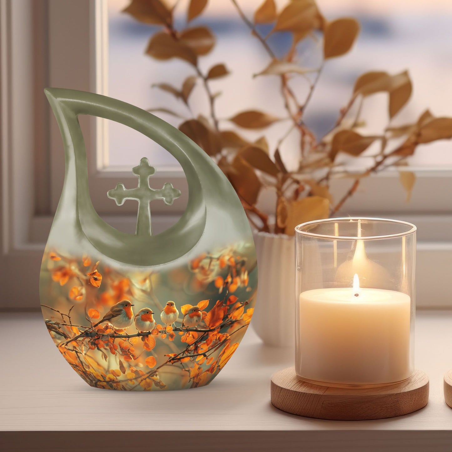 10 Inch Sparrow themed Cross Drop urn 