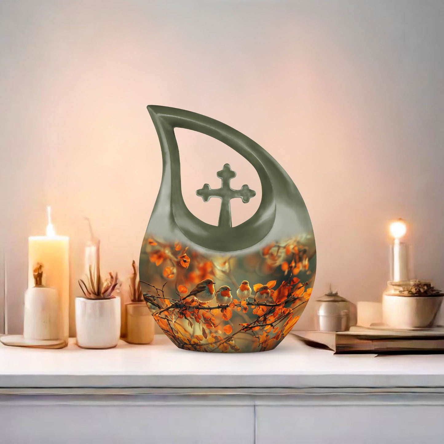 10 Inch Sparrow themed Cross Drop urn 