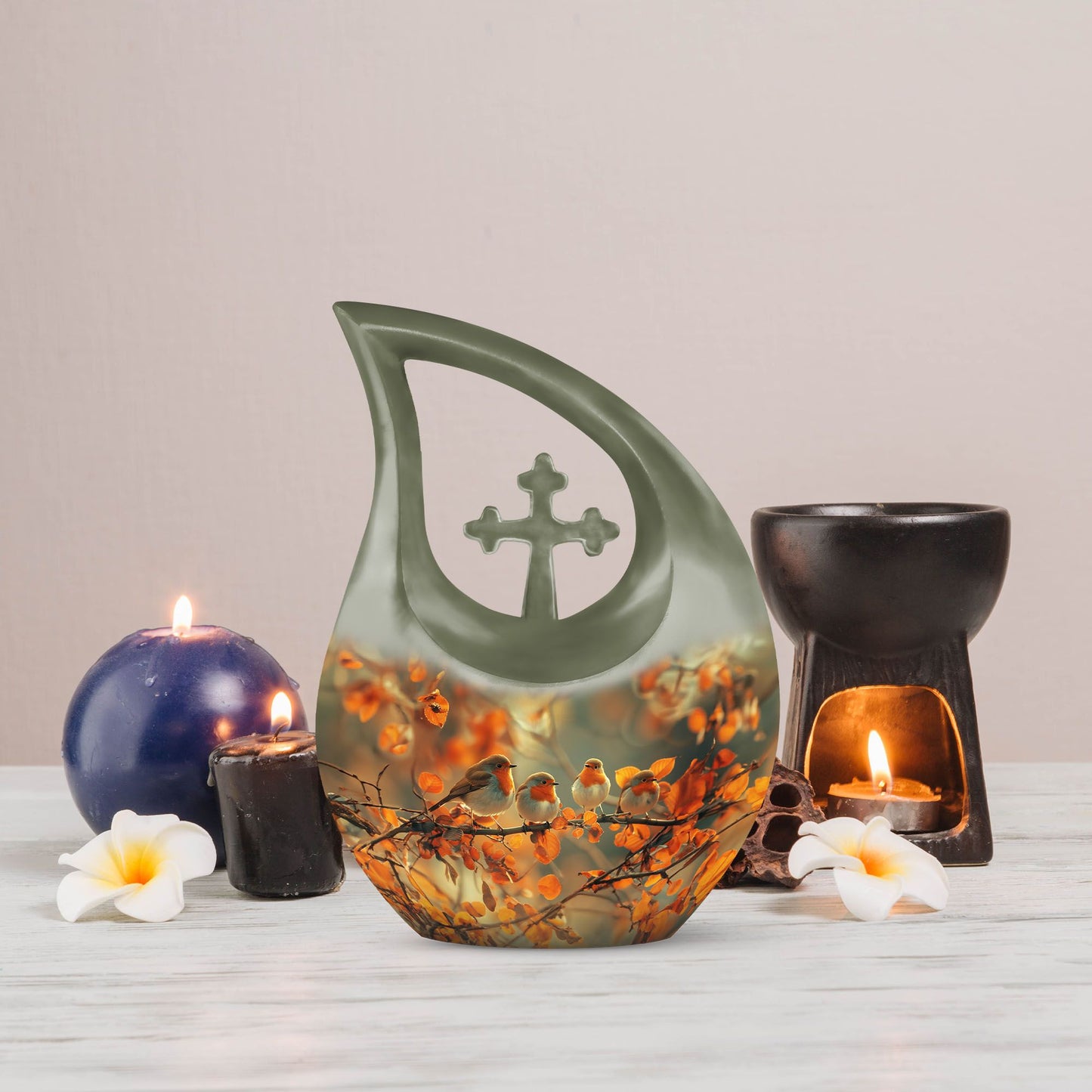 10 Inch Sparrow themed Cross Drop urn 