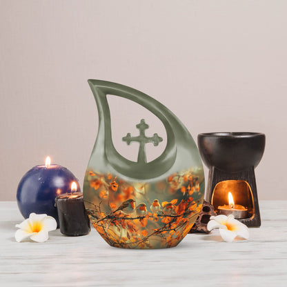 10 Inch Sparrow themed Cross Drop urn 