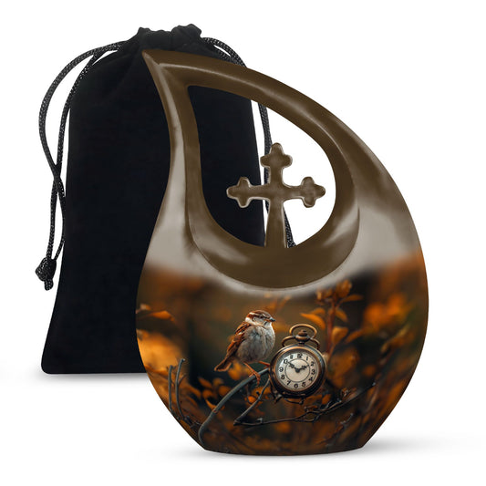 10-inch Sparrow and Cross Drop design custom urn