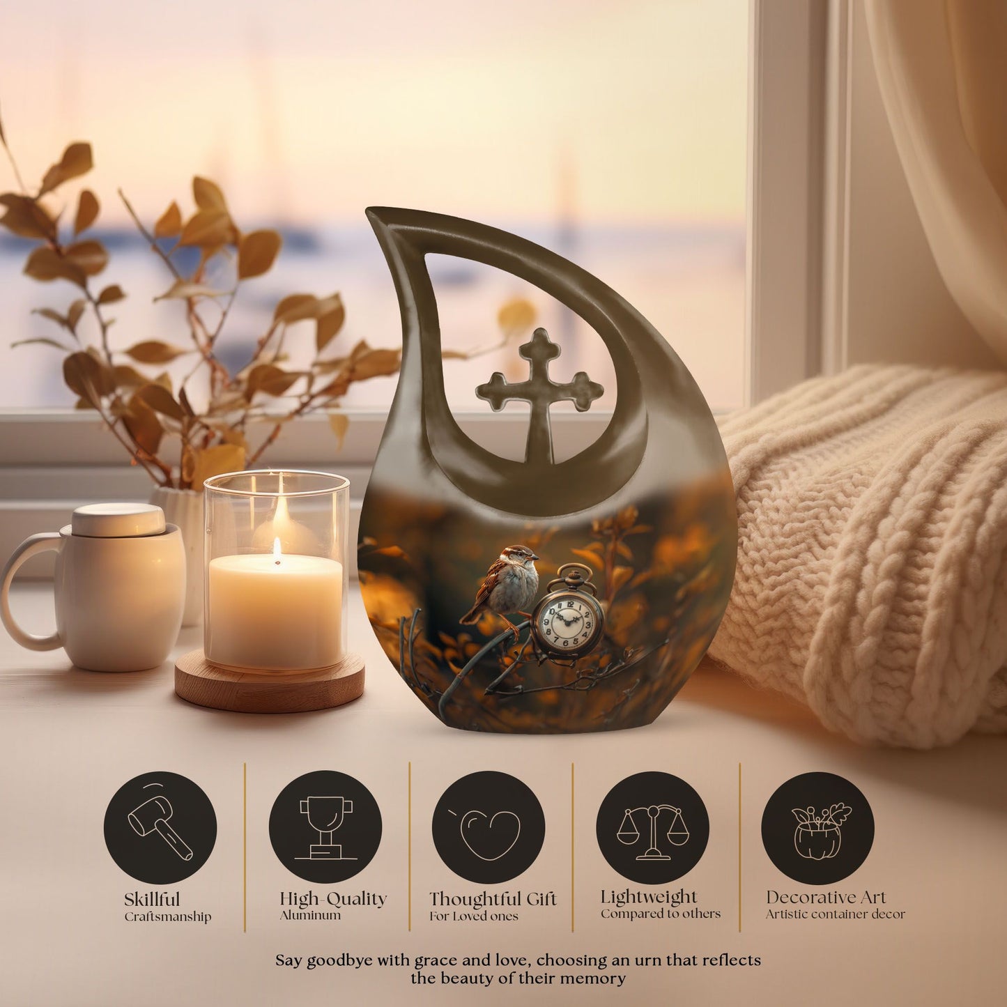 10-inch Sparrow and Cross Drop design custom urn