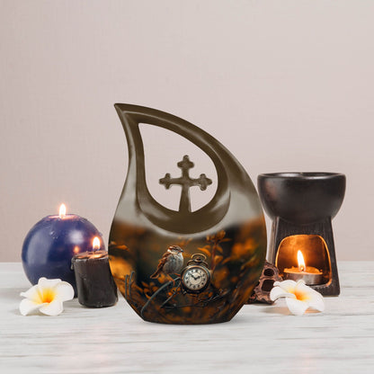 10-inch Sparrow and Cross Drop design custom urn
